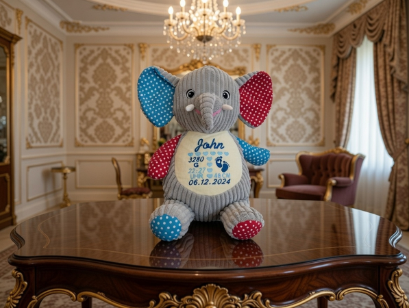 Stofftier Elefant Motiv 1 mit Name und Geburtsdaten auf dem Bauch bestickt