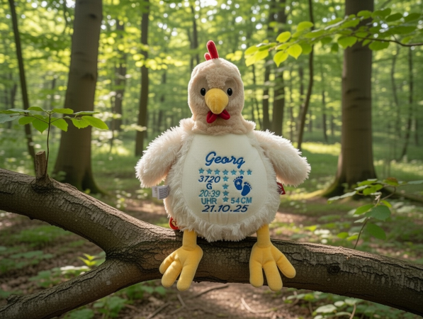 Stofftier Huhn mit Name und Geburtsdaten auf dem Bauch bestickt
