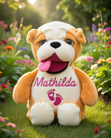 Stofftier Hund Bulldog mit Name und Geburtsdaten auf dem Bauch bestickt