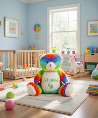 Stofftier Regenbogenbär mit Name und Geburtsdaten auf dem Bauch bestickt