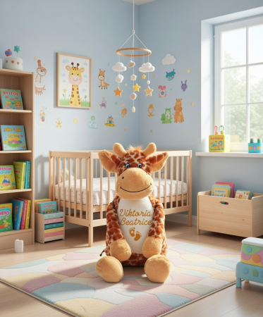 Stofftier Giraffe mit Name und Geburtsdaten auf dem Bauch bestickt