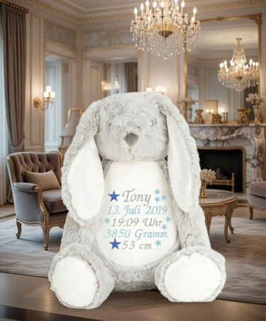 Stofftier Hase mit Name, Geburtsdaten und Sternen bestickt