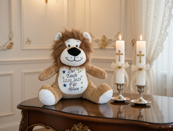 Stofftier Löwe zur Taufe mit Name und Wunschdatum bestickt