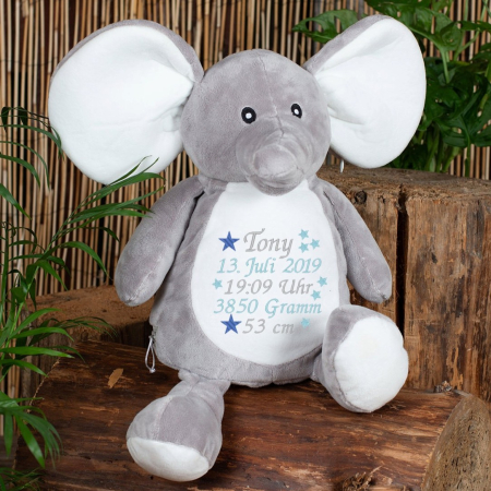 Stofftier Elefant zur Taufe mit Name und Wunschdaten bestickt