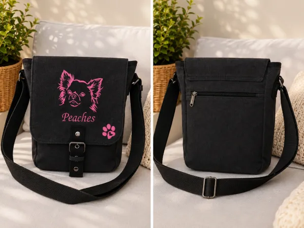 Canvas Tasche mit Chihuahua Pfoten und Namen bestickt