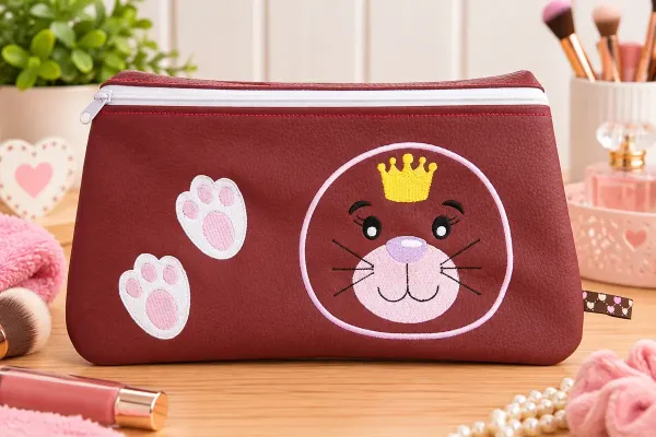 Bestickte Kosmetiktasche aus Kunstleder mit Hasenmotiv