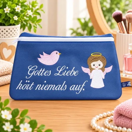 Bestickte Kosmetiktasche mit Schriftzug Gottes Liebe hört niemals auf