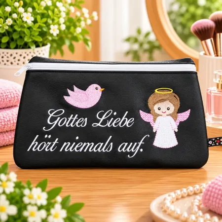 Christliche Kosmetiktasche Gottes Liebe hört niemals auf bestickt