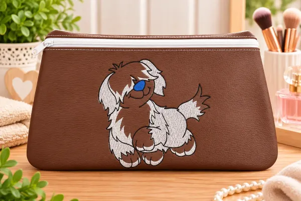 Bestickte Kosmetiktasche mit Hundemotiv aus Kunstleder und Baumwolle