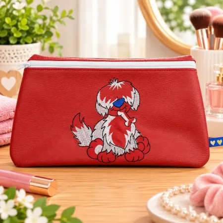 Bestickte Kosmetiktasche aus Kunstleder mit Hundemotiv