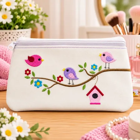 Bestickte Kosmetiktasche aus Kunstleder mit Vogelmotiv