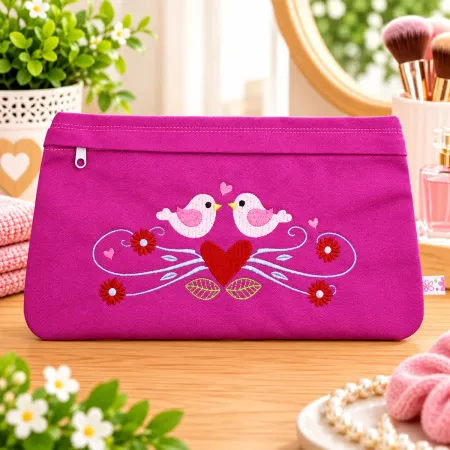 Bestickte Kosmetiktasche aus Baumwolle mit Vogelmotiv
