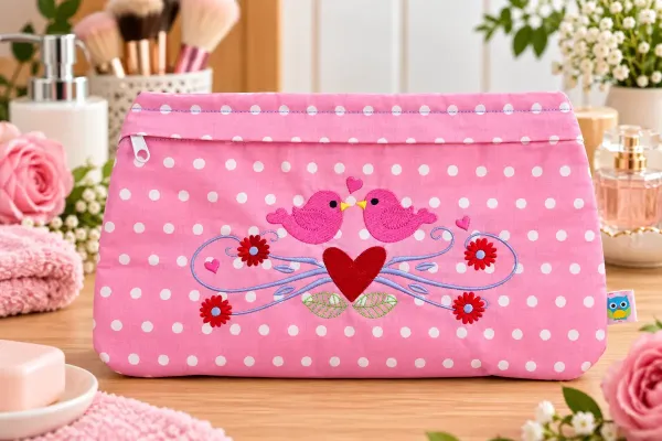 Bestickte Kosmetiktasche aus Baumwolle mit Vogelmotiv
