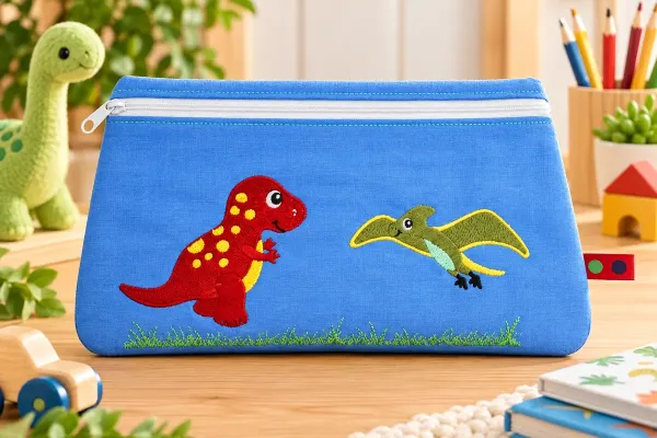 Bestickte Dino Kosmetiktasche aus Baumwollstoff
