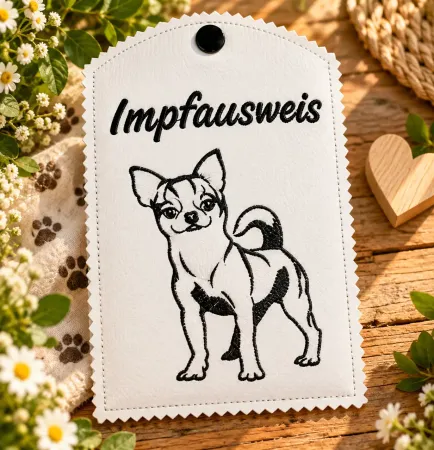 Weiße Impfausweishülle Chihuahua fertig bestickt