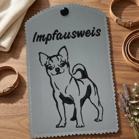 Weiße Impfausweishülle Chihuahua fertig bestickt
