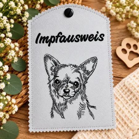 Weiße Impfausweishülle Chihuahua fertig bestickt
