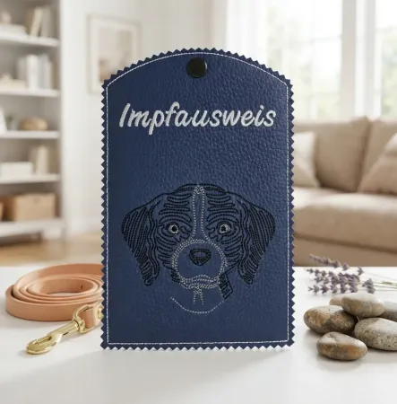 Dunkelblaue Impfausweishülle Beagle fertig bestickt