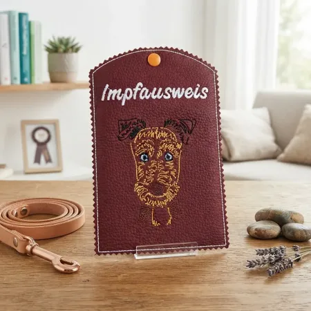 Dunkelrote Impfausweishülle Airedale Terrier fertig bestickt