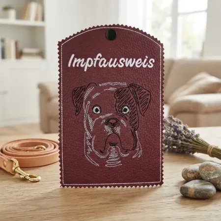 Dunkelrote Impfausweishülle American Bulldog fertig bestickt