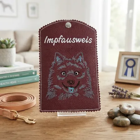 Dunkelrote Impfausweishülle American Eskimo fertig bestickt