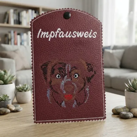 Dunkelrote Impfausweishülle Australian Shepherd fertig bestickt