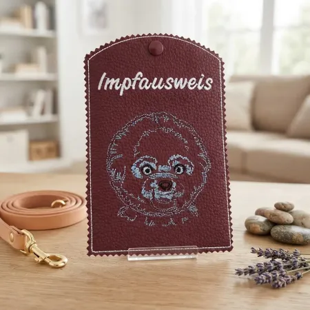 Dunkelrote Impfausweishülle Bichon Frisé fertig bestickt