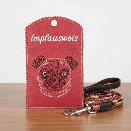 Hellrote Impfausweishülle Mops Pug fertig bestickt