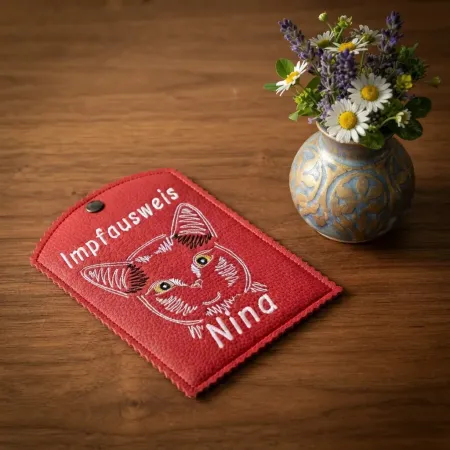 Rote Impfausweishülle Katze mit Name Nina fertig bestickt