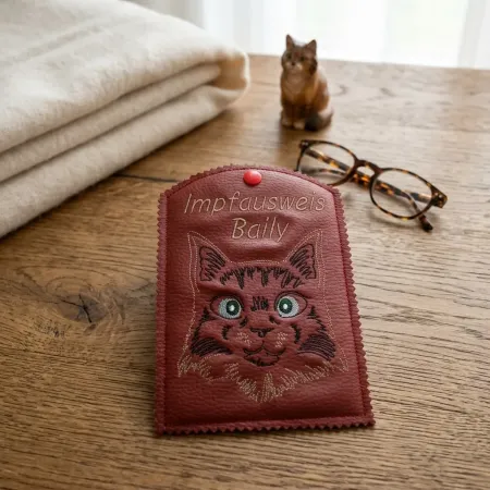 Impfausweishülle Katze Domestic Longhair mit Wunschname bestickt