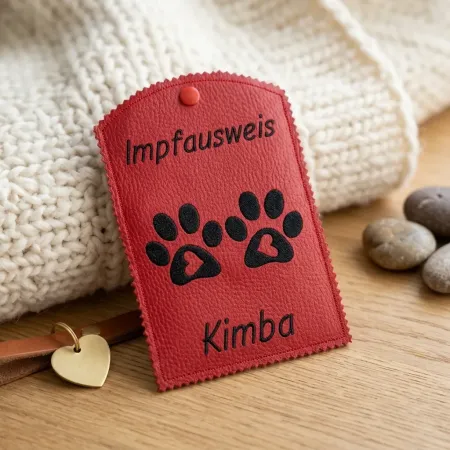 Impfausweishülle Herz und Pfötchen für Hund und Katze mit Wunschname bestickt