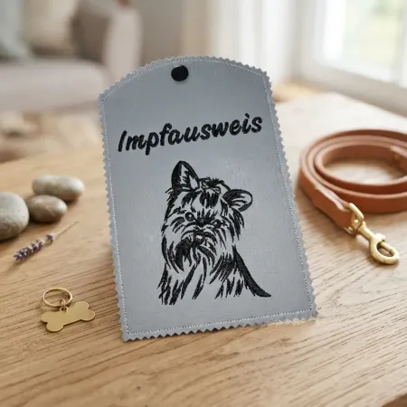 Graue Impfausweishülle Yorkshire Terrier fertig bestickt