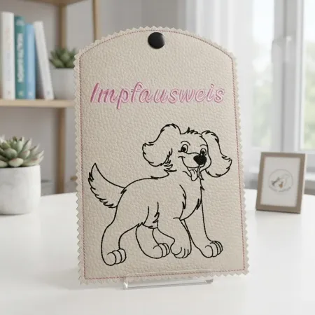 Beige Impfausweishülle mit Schriftzug Impfausweis fertig bestickt