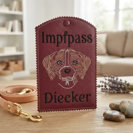 Dunkelrote Impfausweishülle Beagle fertig bestickt