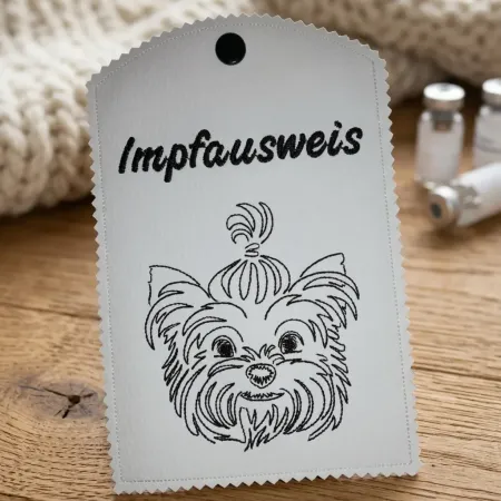 Graue Impfausweishülle Yorkshire Terrier fertig bestickt