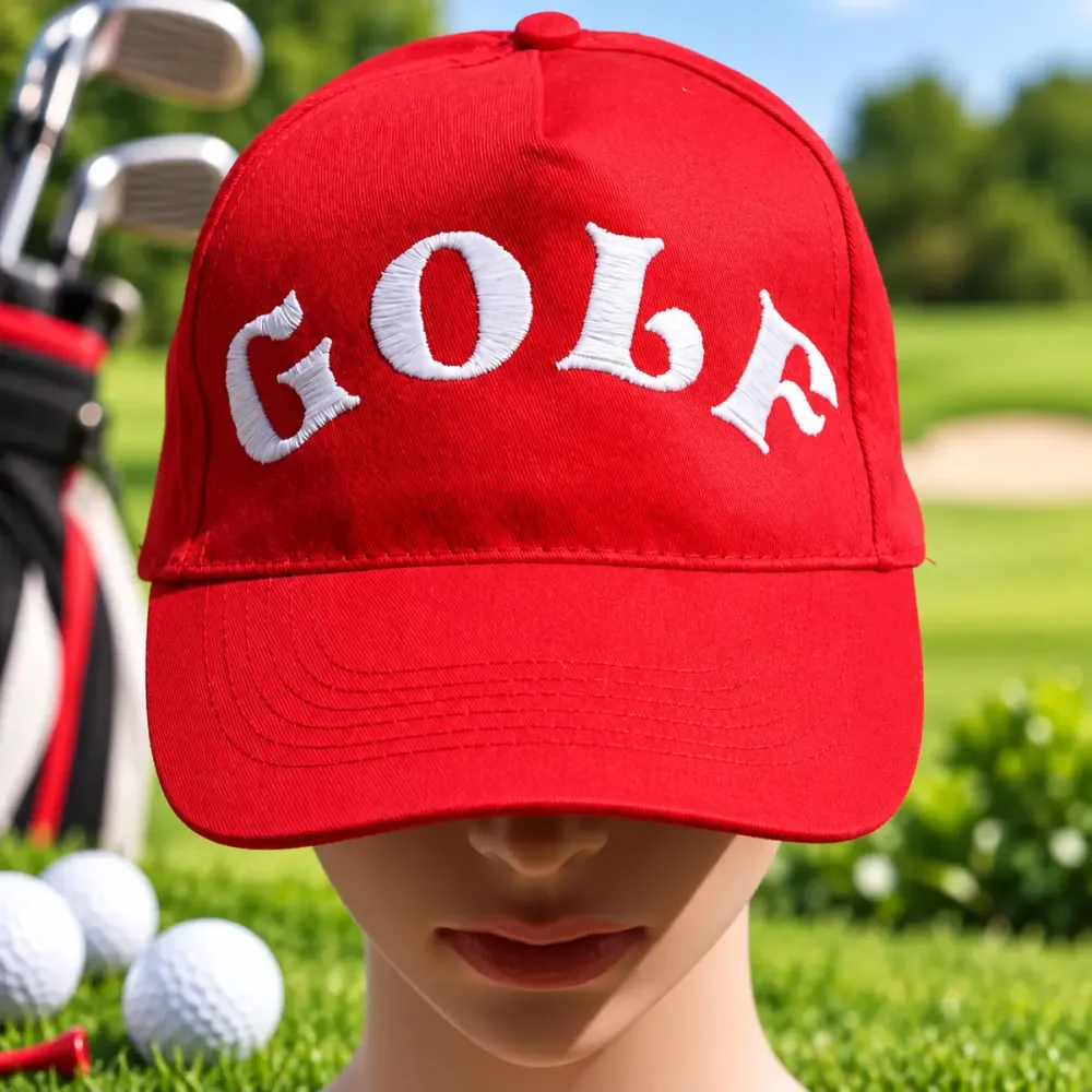 Rotes Golf Cap mit nachtleuchtendem Golfmotiv bestickt