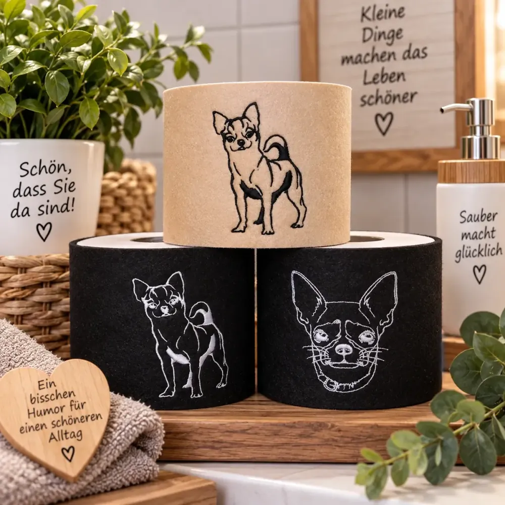 Klorollenhülle mit Chihuahua Motiv aus Filz bestickt