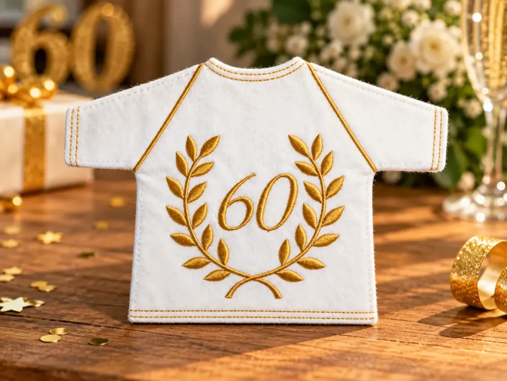 Weißes Flaschen-T-Shirt zum 60. Geburtstag mit goldener Zahl 60, gesticktem Lorbeerkranz und goldfarbenen Ziernähten