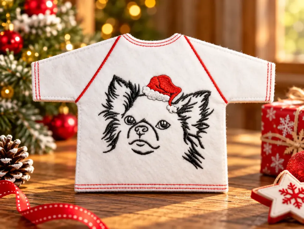 Weißes Flaschen-T-Shirt mit schwarzer Hundestickerei, roter Weihnachtsmütze und roten Ziernähten