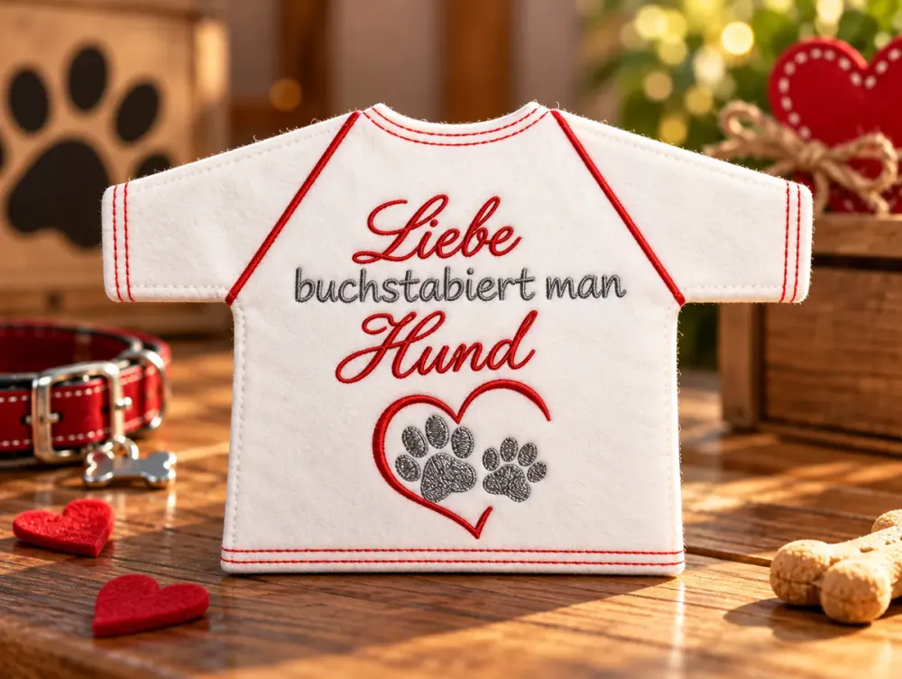 Weißes Flaschen-T-Shirt mit rotem und grauem Schriftzug Liebe buchstabiert man Hund sowie Herz und Pfotenabdrücken