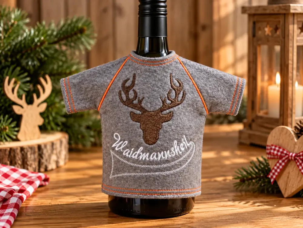 Flaschen-Shirt mit Hirsch Motiv aus Filz als Geschenk für Jäger und Naturfreunde