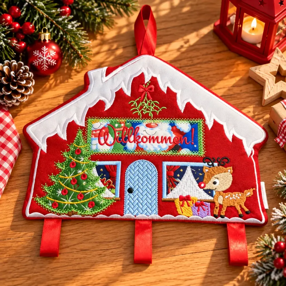 Rotes Weihnachtshäuschen als Türhänger mit Willkommen-Schriftzug, Weihnachtsbaum, Rentier, Geschenken und roten Schlaufen