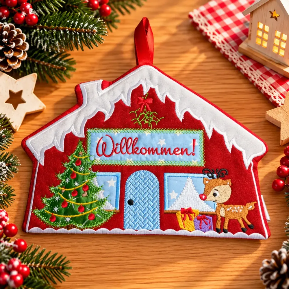 Rotes besticktes Weihnachtshäuschen mit Willkommen-Schriftzug, Weihnachtsbaum, Rentier und Geschenken