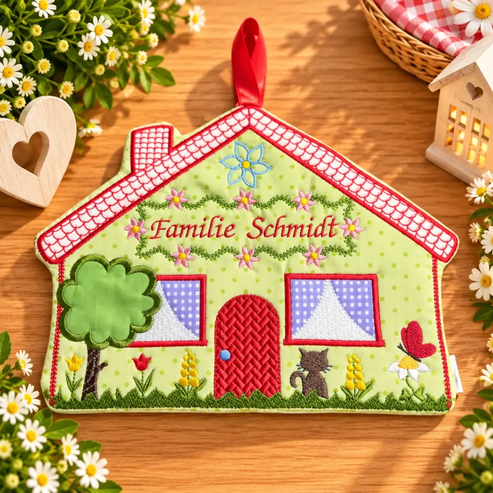 Besticktes Türschild in Hausform mit Schriftzug Familie Schmidt, Blumen, Baum, Katze und roter Aufhängeschlaufe