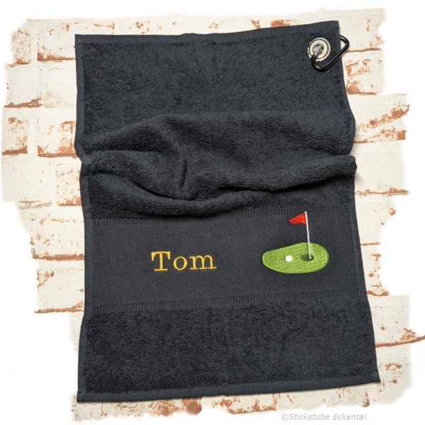 Golfhandtuch schwarz mit Name oder Initialen