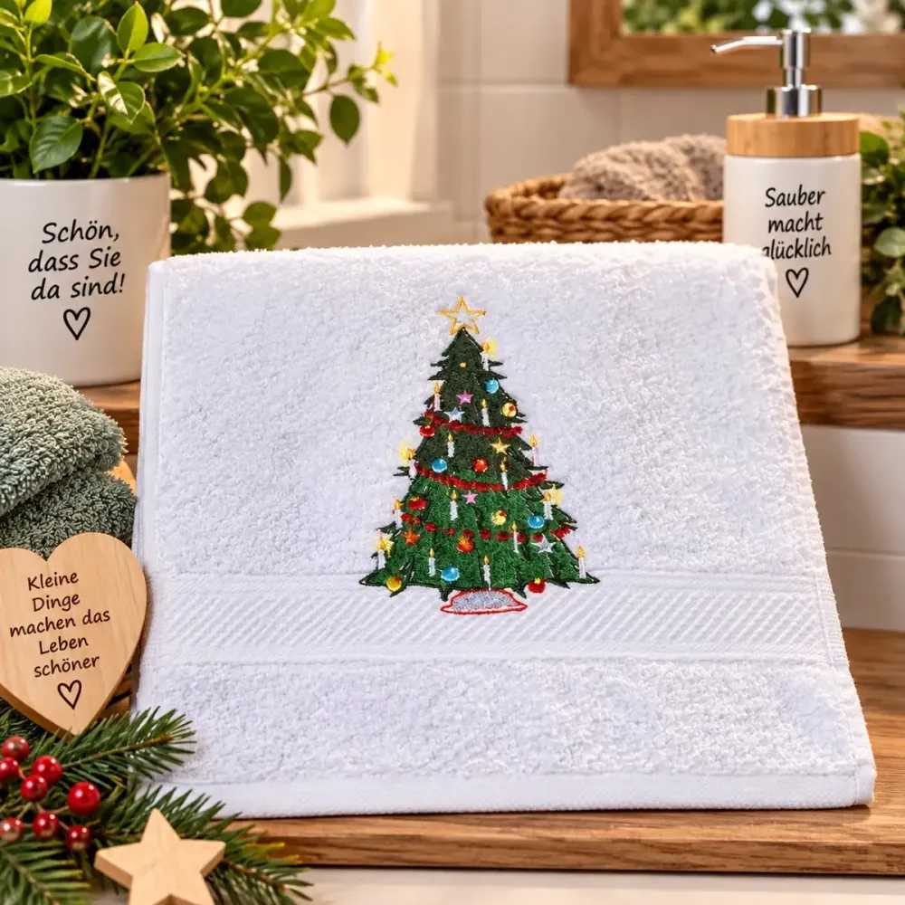 Weißes Weihnachtshandtuch 30 x 50 cm mit Weihnachtsbaum