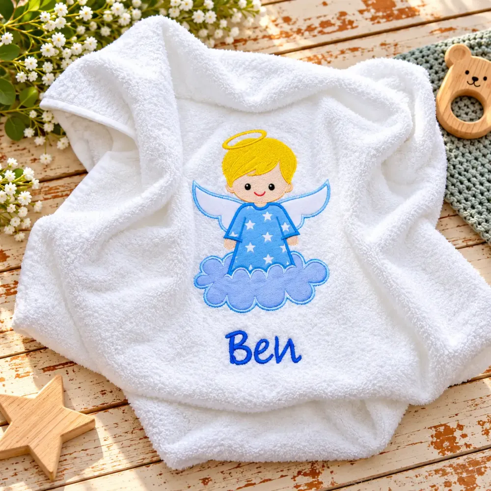 Weißes Engel Handtuch für Jungen 50x100 cm mit Wunschname und Stoffapplikation