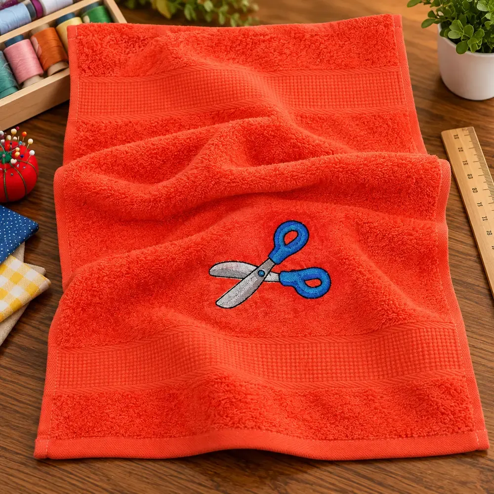 Oranges Handtuch 30x50 cm mit Scheren-Motiv und Wunschname bestickt