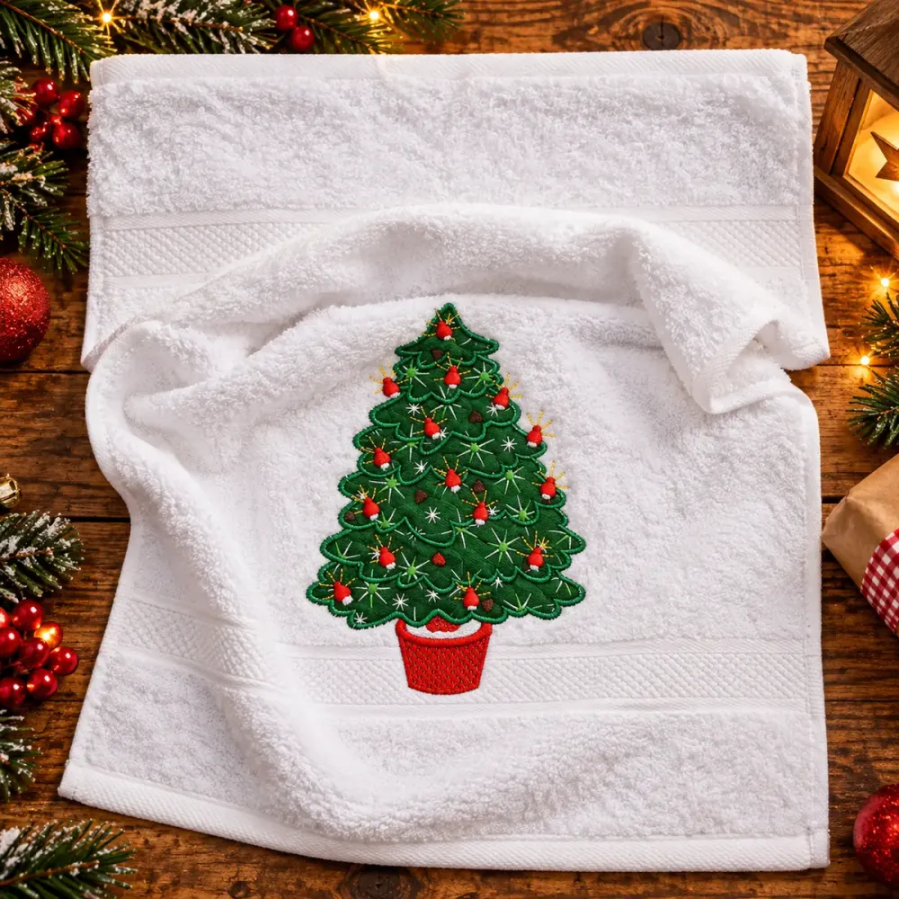 Weißes Gästehandtuch 30x50 cm mit grünem gesticktem Weihnachtsbaum, roten Kugeln, Girlanden und rotem Blumentopf