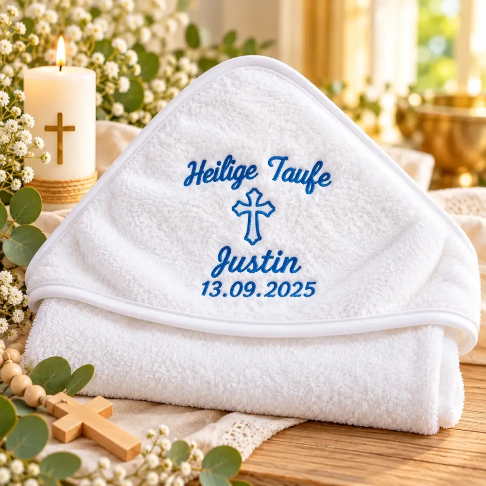 Kapuzenhandtuch zur Taufe mit Name und Datum bestickt